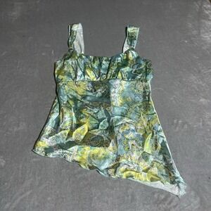 Y2K Self Esteem Satin Tank Top Green Blue Paisley Cottagecore Fairy Babydoll‎
